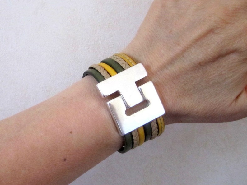 for women and men Leather cuff yellow and taupe braided Khaki