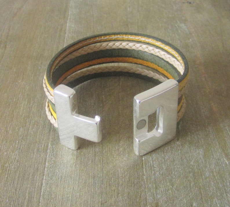 for women and men Leather cuff yellow and taupe braided Khaki