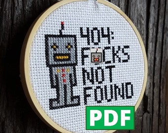 404 F*cks Not Found Robot PDF Cross Stitch Pattern for Instant Download