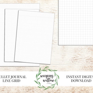 May include: White line grid paper sheets for bullet journaling. The image shows three sheets of paper with a grid pattern, perfect for note-taking and planning. The text on the image says "Bullet Journal Line Grid" and "Instant Digital Download".