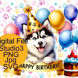 Happy Birthday Dog Card , Digital , SVG , Studio , PNG, JPG , Party , Balloons , Paw Prints
