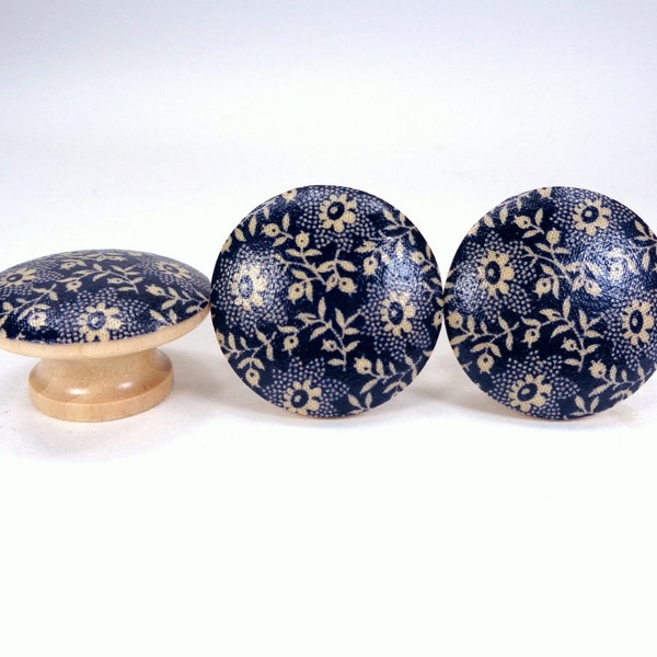 Country Floral Drawer Knobs, French Farmhouse Fabric Dresser Knobs, Blue Floral Decor, Sets
