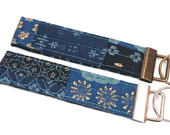 Navy Japanese Patchwork Key Fob: Blues with Gold Accents Nara Homespun Fabric Wrist Loop