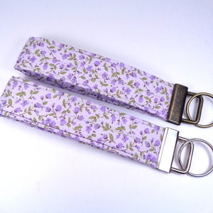 Country Floral Fabric Key Fob, Purple Wristlet Keychain, Ditsy Flowers Wrist Loop Key Lanyard