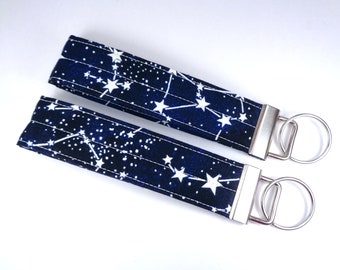 Glow in the Dark Fabric Key Fob, Constellation Space Stars Wristlet Keychain, Wrist Loop