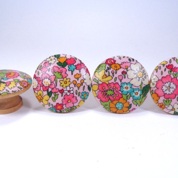 Mini Pop Floral Drawer Knobs, Hippie Fabric Dresser Knobs, English Pop Decor, Sets