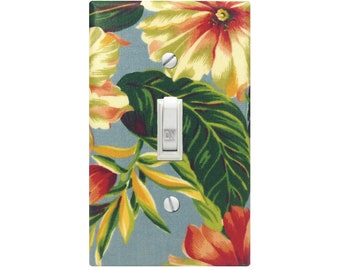 Hawaiian Hibiscus Gray Switch Plate, Tropical Beach Hawaii Decor, Fabric Light Switch Cover