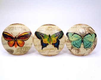 Vintage Butterflies Drawer Knobs, Retro Butterfly Fabric Dresser Knobs, Nature Nursery Decor, Sets