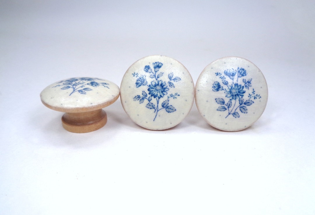 French Country Drawer Knobs Blue Floral Fabric Dresser Knobs