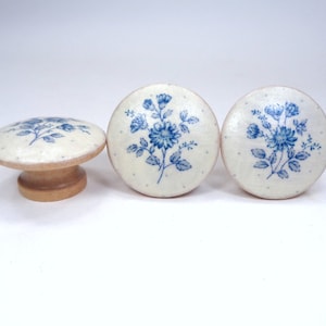 French Country Drawer Knobs, Blue Floral Fabric Dresser Knobs, Botanical Decor, Sets