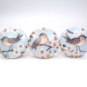 May include: Three round wooden knobs with a blue background and a white floral pattern. Each knob features a brown bird perched on a branch with pink blossoms.