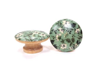 Sage Floral Drawer Knobs, Nature Fabric Dresser Knobs, Botanical Woodlands Decor