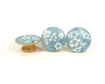 Sweet Bouquet Floral Drawer Knobs, Dusty Blue Fabric Dresser Knobs, Nature Decor, Sets