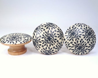 Farmhouse Drawer Knobs, Country Floral Fabric Dresser Knobs, Black & White Decor, Sets