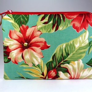 Hawaiian Hibiscus Floral Zipper Pouch, Tropical Beach Hawaii Turquoise Coin Pouch, Small Fabric Zipper Bag