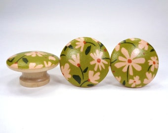 Meadow Moss Floral Drawer Knobs, Retro Flowers Fabric Dresser Knobs, Nature Decor, Sets