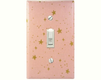 Rose Gold Stars Light Switch Cover, Pink Gold Cotton and Steel Switch Plate, Nursery Space Decor