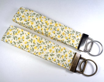 Country Floral Fabric Key Fob, Buttercup Wristlet Keychain, Ditsy Flowers Wrist Loop Key Lanyard