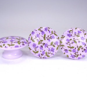 Purple Floral Painted Drawer Knobs, Lilac Mini Flowers Fabric Dresser Pulls Knobs, Nature Nursery Decor, Sets
