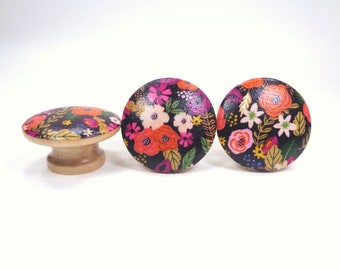 Bright Floral Drawer Knobs, Fun Floral Fabric Dresser Knobs, Purple Decor, Sets