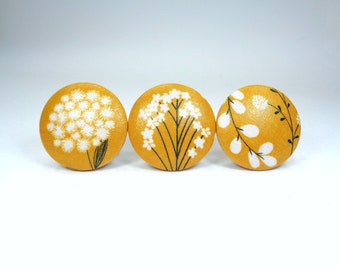 Mustard Floral Drawer Knobs, Yellow Fabric Dresser Knobs, Botanical Decor