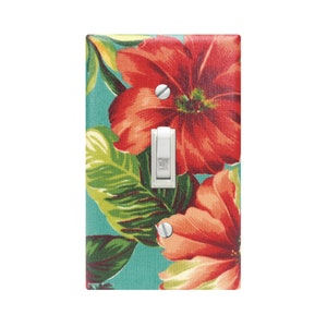 Hawaiian Hibiscus Turquoise Switch Plate, Tropical Beach Hawaii Decor, Fabric Light Switch Cover