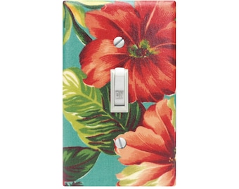 Hawaiian Hibiscus Turquoise Switch Plate, Tropical Beach Hawaii Decor, Fabric Light Switch Cover