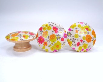 Sunny Floral Drawer Knobs, Bright Calico Flowers Fabric Dresser Knobs, Nature Decor, Sets