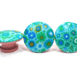 Bright Floral Drawer Knobs, Modern Blue Flowers Dresser Knobs, Mod Pop Decor