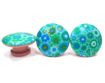 Bright Floral Drawer Knobs, Modern Blue Flowers Dresser Knobs, Mod Decor, Sets