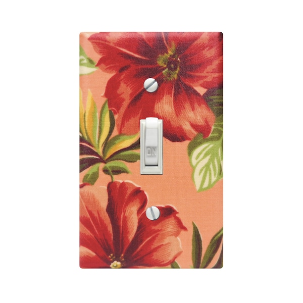 Hawaiian Hibiscus Peach Switch Plate, Tropical Beach Hawaii Decor, Fabric Light Switch Cover