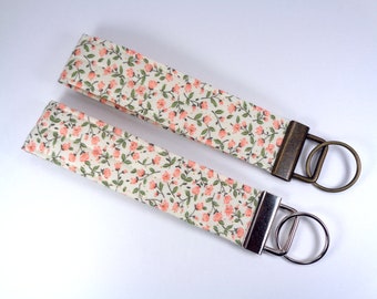 Country Floral Fabric Key Fob, Coral Wristlet Keychain, Ditsy Flowers Wrist Loop Key Lanyard