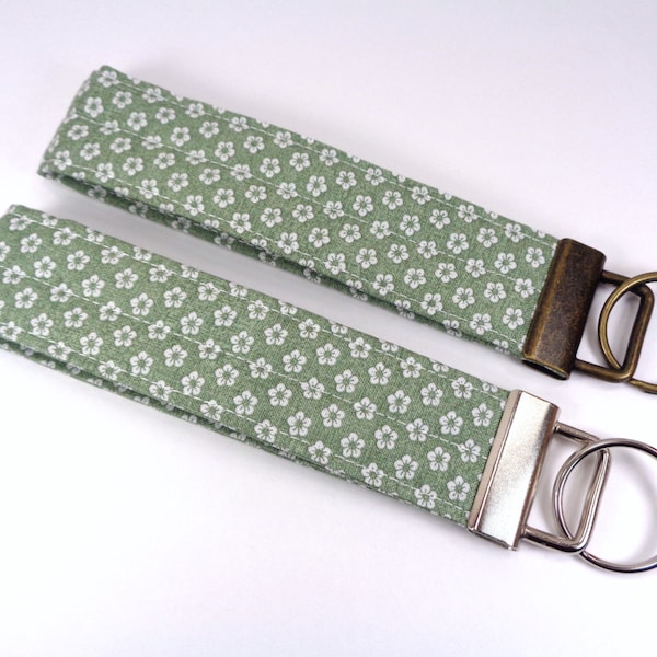 Mini Floral Key Fob, Sage Green Flowers Wristlet Keychain, Fabric Wrist Loop, Customized Key Fob