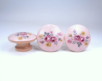 Rose Gold Floral Drawer Knobs: Fabric Nursery Dresser Pulls with Gold Accents