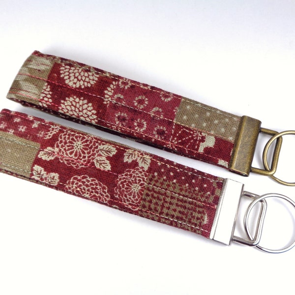 Japanese Patchwork Key Fob, Red Nara Homespun Wristlet Keychain, Fabric Wrist Loop, Customized Key Fob