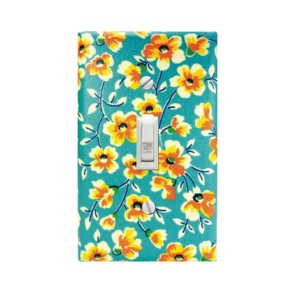 Retro Floral Switch Plate Cover, Teal Nostalgia Flowers Wall Decor, Vintage Floral Outlet Cover