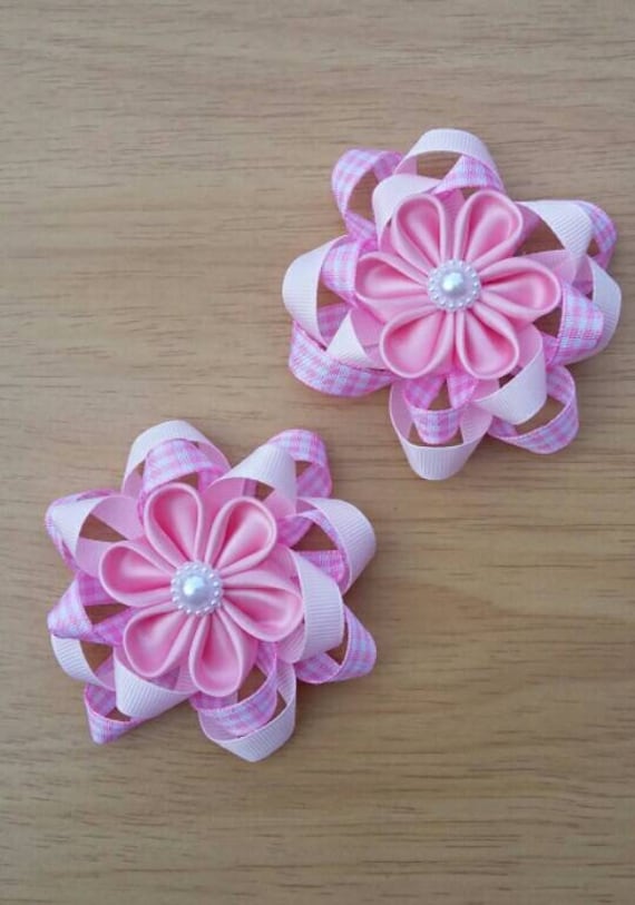 Kanzashi Pair of Handmade Girl/'s SCHOOL Flower Hair Bobbles//Bows//Clips