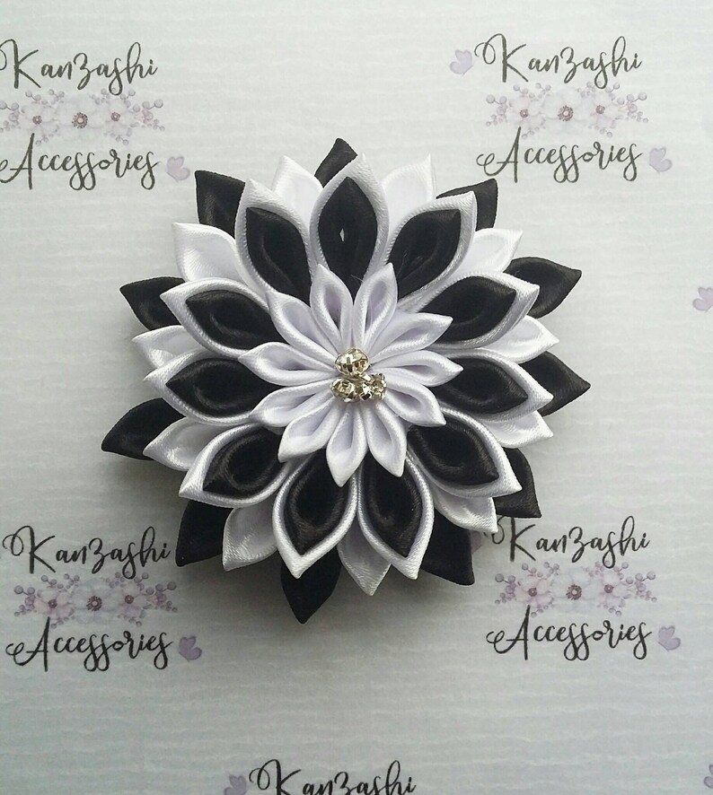 Kanzashi flower hair clip black and white Hair clip Etsy