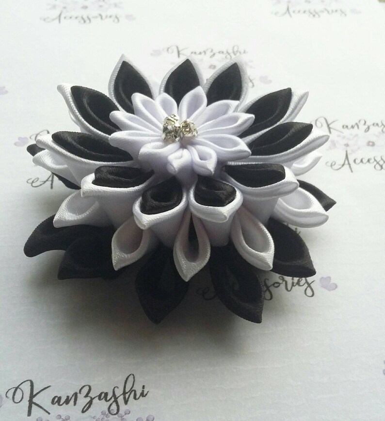 Kanzashi flower hair clip black and white Hair clip Etsy