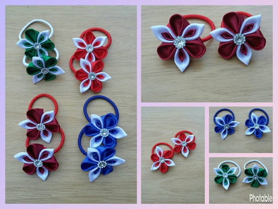 Kanzashi Pair of Handmade Girl/'s SCHOOL Flower Hair Bobbles//Bows//Clips