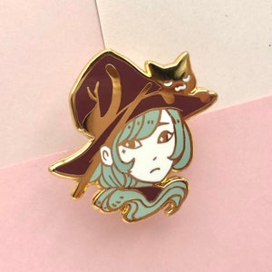 Mint Witch with Cat Familiar - Hard Enamel Pin - STANDARD Grade