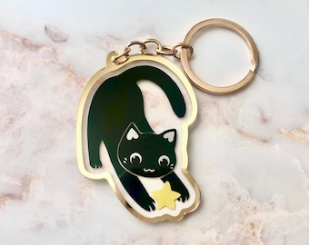 Starcatcher Lucky the Cat Double Sided Gold Edged Acrylic Keychain | Black Cat Keychain Charm | Cute Cat Gold Keychain