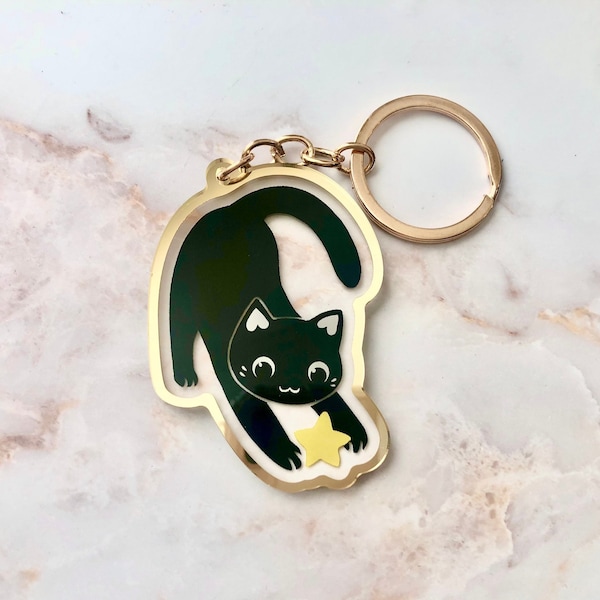 Starcatcher Lucky the Cat Dubbelsidig Guldkantad Akrylnyckelring | Svart Katt Nyckelringsberlock | Söt Katt Guldnyckelring