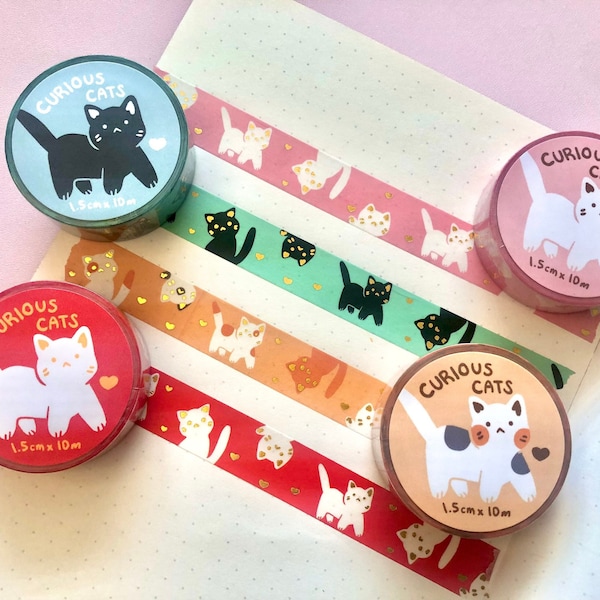 Curious Cats Washi Tape | Cute Masking Tape | Cat Stationery for Bullet Journaling