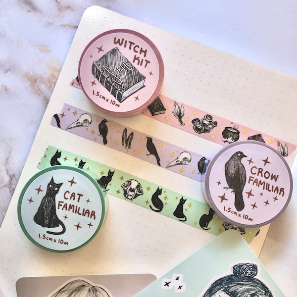 Witchy Things and Familiars Washi Tape | Witchy Masking Tape | Cute Stationery for Bullet Journaling