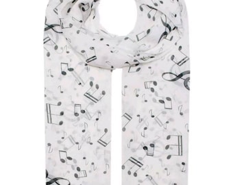 White music note print chiffon scarf