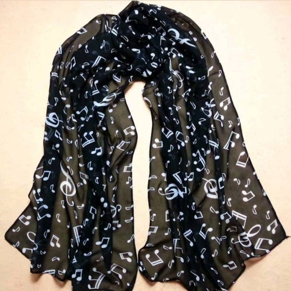 Black music note print chiffon scarf