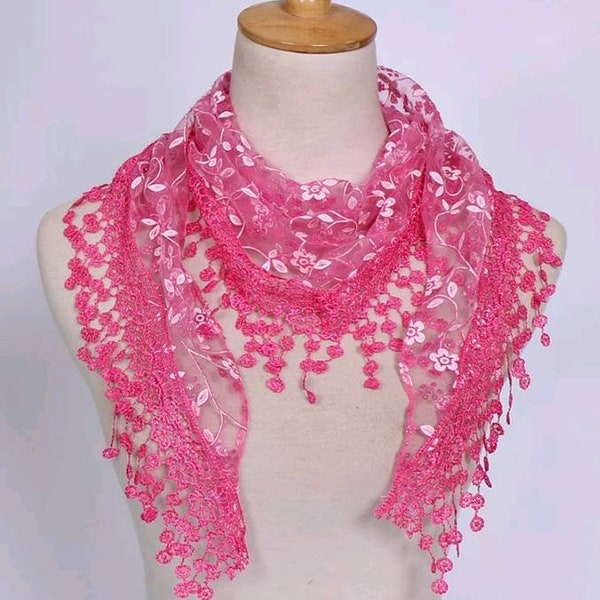 Lace triangle chiffon scarf - Bright pink