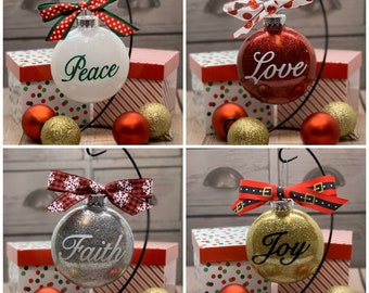 Peace, Love, Faith, Joy Plastic Glitter Christmas Ornament/Disc - Set of 4