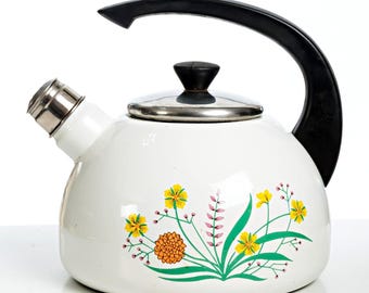 70's White Enamel Metal Tea Kettle Rooster W/Flowers Vintage Kitchen Decor